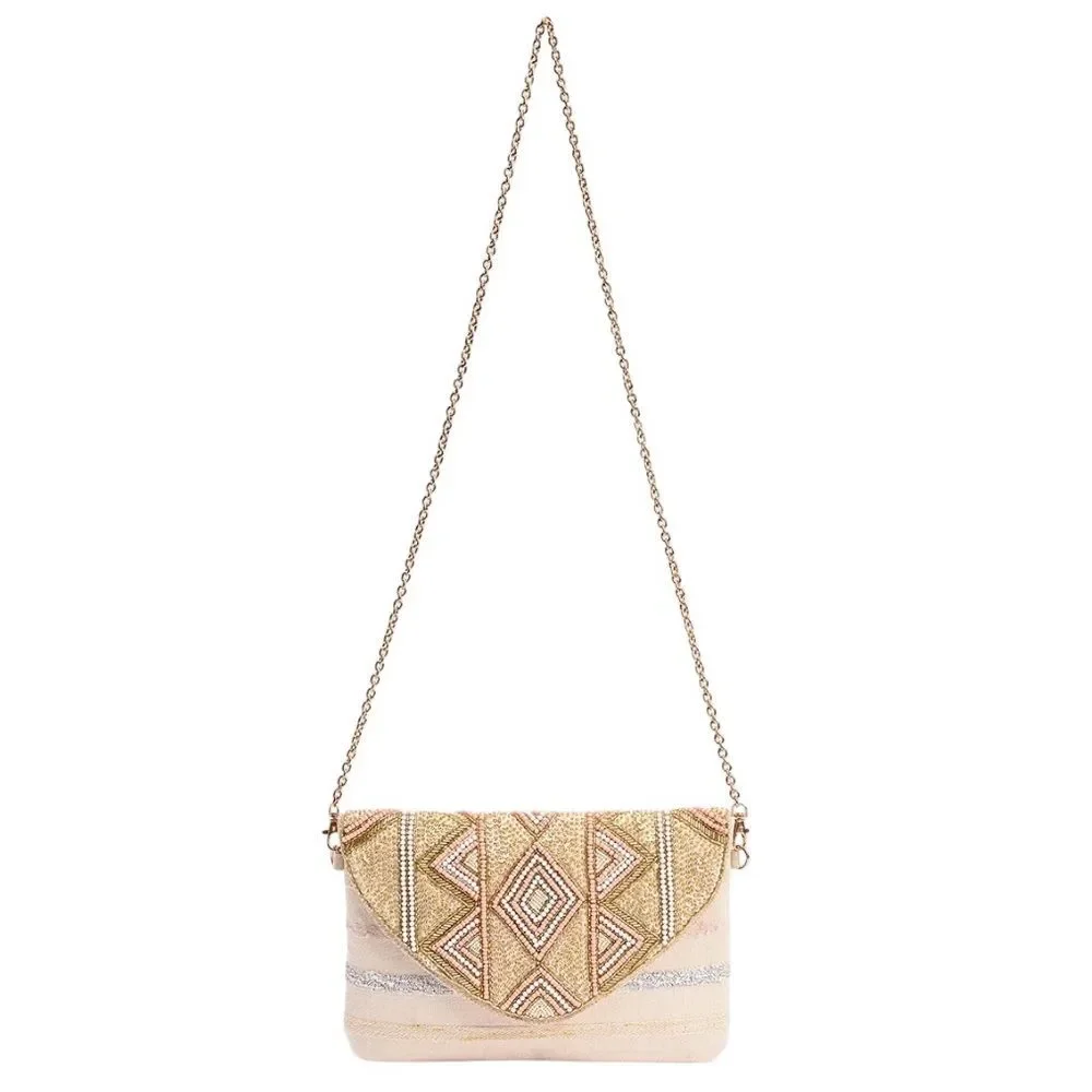NWT AMERICA & BEYOND Rose Gold Envelope Clutch Crossbody Bag Beaded Boho